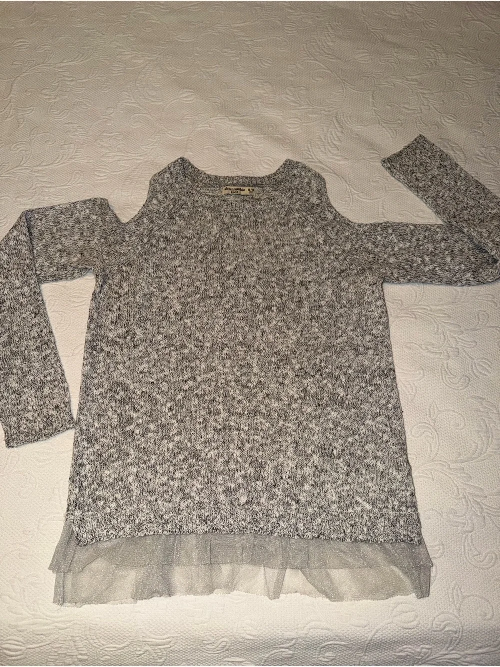 abercrombie kids Gray Marled Cold-Shoulder Sweater with Tulle Hem